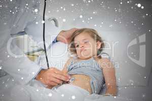 Composite image of doctor checking stomach of sick girl