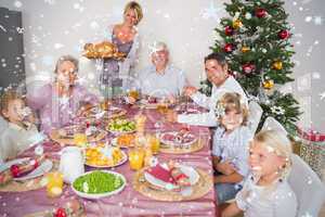 Composite image of mother bringing turkey to dinner table