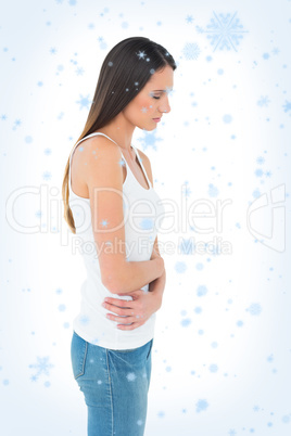 Casual woman with stomach pain and headache