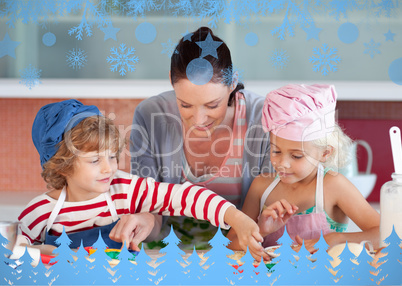 Smiling mother baking with her children