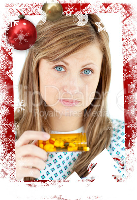 Composite image of diseased woman taking pills