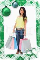 Composite image of beautiful woman student with shopping bags