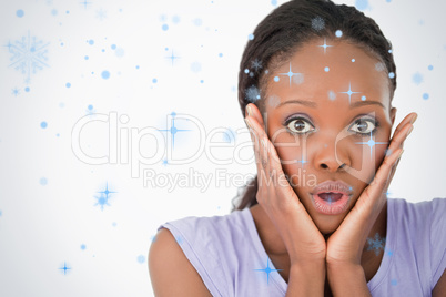 Close up of frightened woman on white background