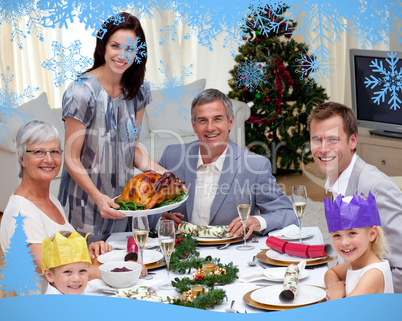 Family celebrating christmas dinner with turkey