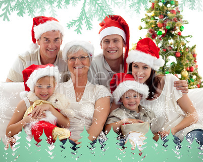 Children sitting with their family holding christmas boots