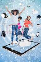 Composite image of three cute women jumping on a tablet pc