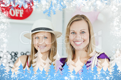 Composite image of cute women choosing clothes together
