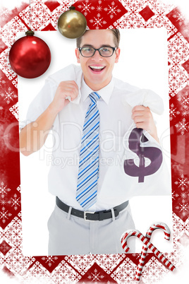 Geeky happy businessman holding bags of money