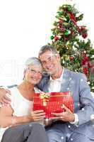 Composite image of senior couple holding a christmas present