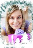 Composite image of cheerful woman looking at a gift