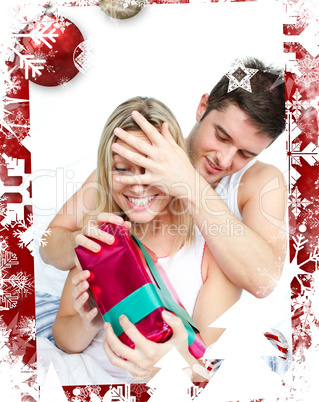 Composite image of boyfriend giving a present to her girlfriend