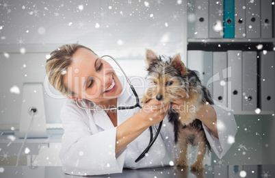 Veterinarian checking dog with stethoscope
