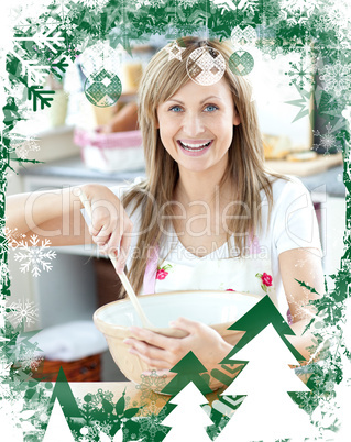 Close up of a woman preparing a cake in the kitchen