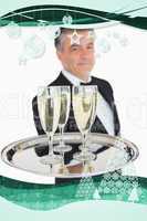 Composite image of waiter holding out tray with champagne