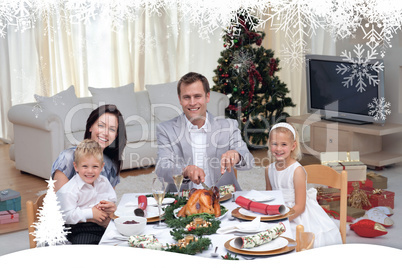 Composite image of family celebrating christmas dinner with turk