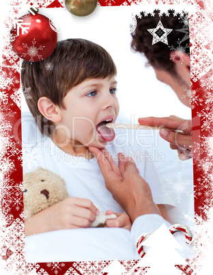 Composite image of male doctor checking little boys throat