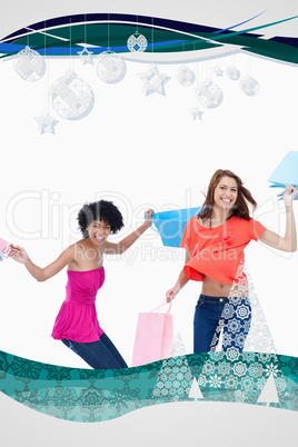 Composite image of teenager flexing her legs while her friend is
