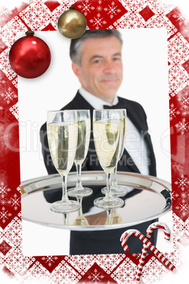 Waiter holding out tray with champagne