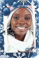 Composite image of close up of smiling woman with winter hat on