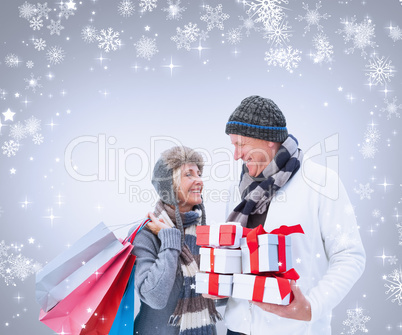 Composite image of woman surprising boyfriend with gift