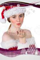 Composite image of pretty girl in santa costume holding hand out