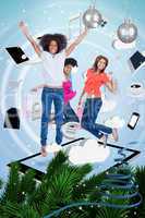 Composite image of three cute women jumping on a tablet pc