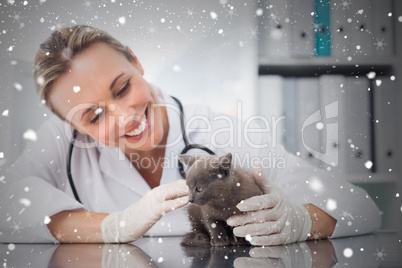 Composite image of veterinarian examining kitten