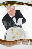 Composite image of waiter offering tray with glasses of champagn