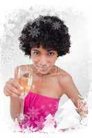 Composite image of young woman holding a glass of champagne whil
