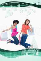 Composite image of young teenagers energetically jumping after going shopping