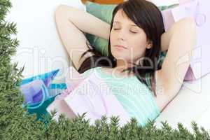Tired young woman relaxing after shopping