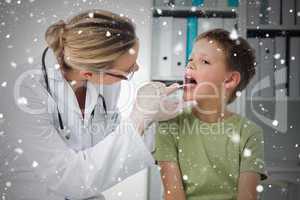 Composite image of doctor checking mouth of boy