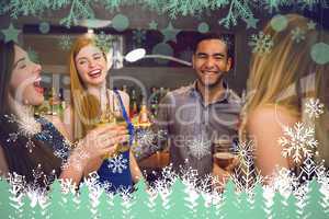Composite image of laughing friends drinking beers