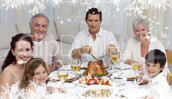 Composite image of family eating turkey and vegetables in a cele