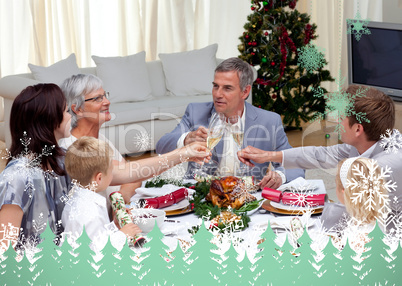 Family tusting in a christmas dinner with champagne