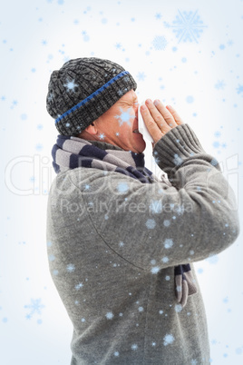Composite image of sick mature man blowing his nose