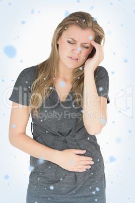 Composite image of sick woman feeling bad