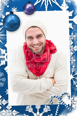 Composite image of attractive young man in warm clothes