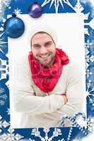 Composite image of attractive young man in warm clothes