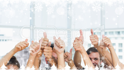 Composite image of closeup of cropped people gesturing thumbs up