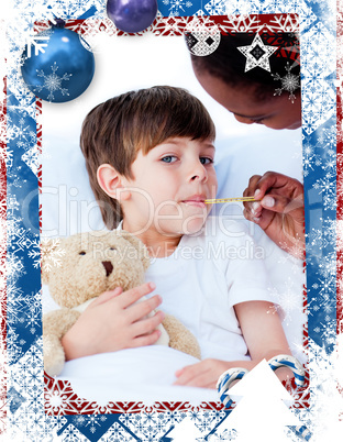 Composite image of serious nurse taking childs temperature