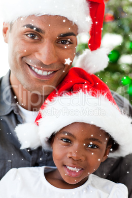 Composite image of portrait of a smiling father and daughter at