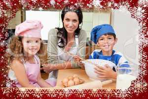 Composite image of mother and her children preparing cake