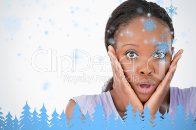 Close up of frightened woman on white background