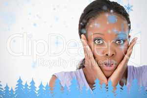 Close up of frightened woman on white background