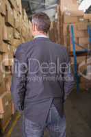 Rear view of male manager in warehouse