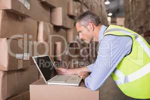 Workman using laptop at warehouse