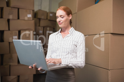 Manager using laptop in warehouse