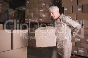 Worker with backache while lifting box in warehouse