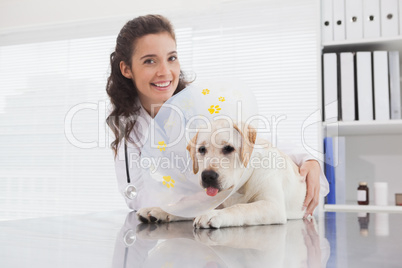Smiling vet and dog with a cone